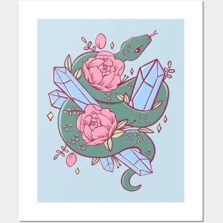 Green Snake with Peonies and Blue Crystals Posters and Art